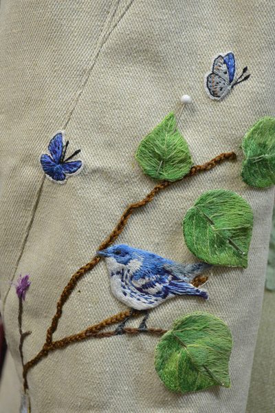 Embroidered Bluebird on a Custom Made wearable art jacket