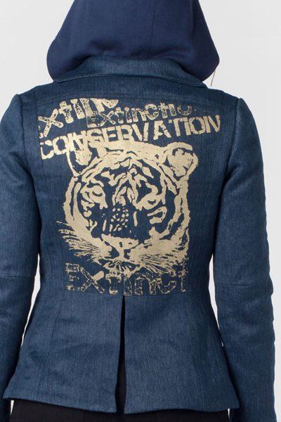 Sustainable clothing company that gives back to animals wild cat denim jacket