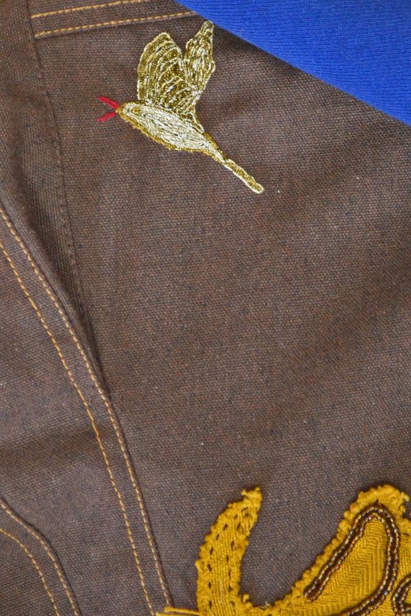 embroidered oxpecker on eco friendly designer cropped jacket